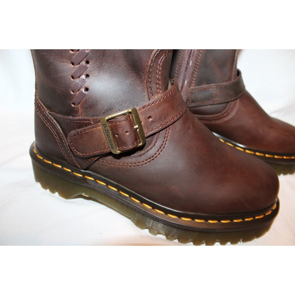DR. MARTENS ANISTONE CRAZY HORSE BROWN KNEE HIGH LEATHER BIKER BOOTS $290 US 6 - Picture 3 of 11
